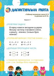 Діагностувальна робота на тему "Таблиці множення чисел 8 і 9 та ділення на 8 і 9"