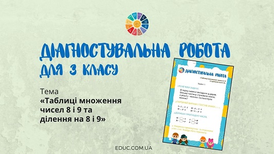 Діагностувальна робота 3 клас "Таблиці множення чисел 8 і 9 та ділення на 8 і 9"