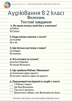 Аудіювання в 2 класі: тести до тексту "Волохань" М.Вінграновського