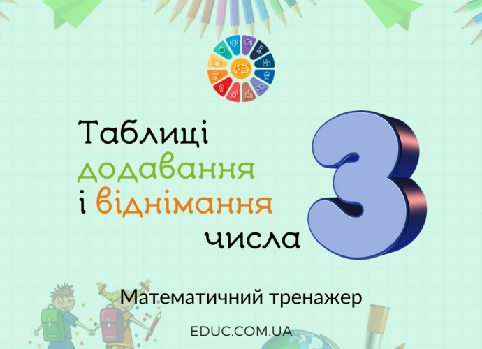 Таблиці додавання і віднімання числа 3 тренажер для дітей