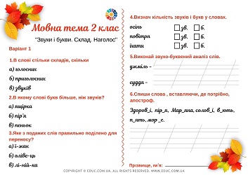 Мовна тема 2 клас: "Звуки і букви. Склад. Наголос" - 2 варіанти