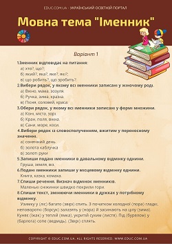 Мовна тема "Іменник" для 4 класу - комбіновані завдання - 2 варіанти