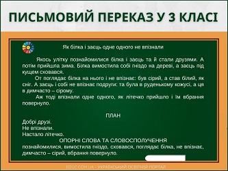 Письмовий переказ у 3 класі - текст, план, опорні слова - 2 варіанти