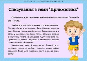 Списування в 3 класі: тексти з завданнями з теми "Прикметник"