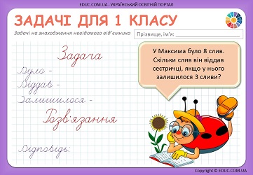 Задачі на знаходження невідомого від'ємника: картки-тренажер для 1 класу - EDUC.com.ua